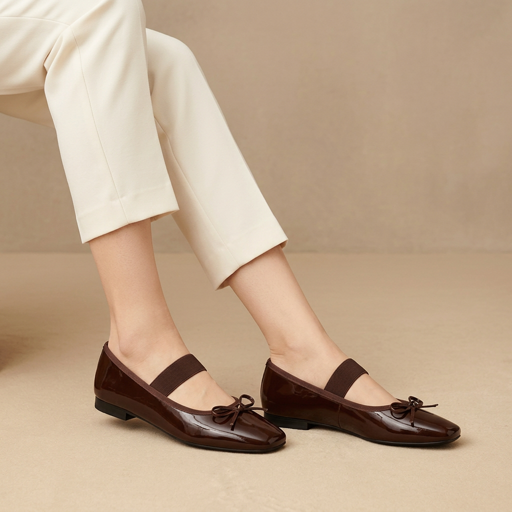 Chocolate-brown Bow Ballet styled on-foot view
