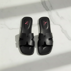Black H-Strap Sandals — Marble Flat Lay