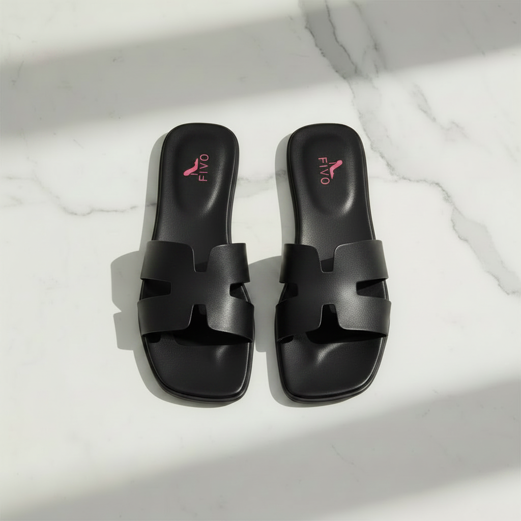 Black H-Strap Sandals — Marble Flat Lay