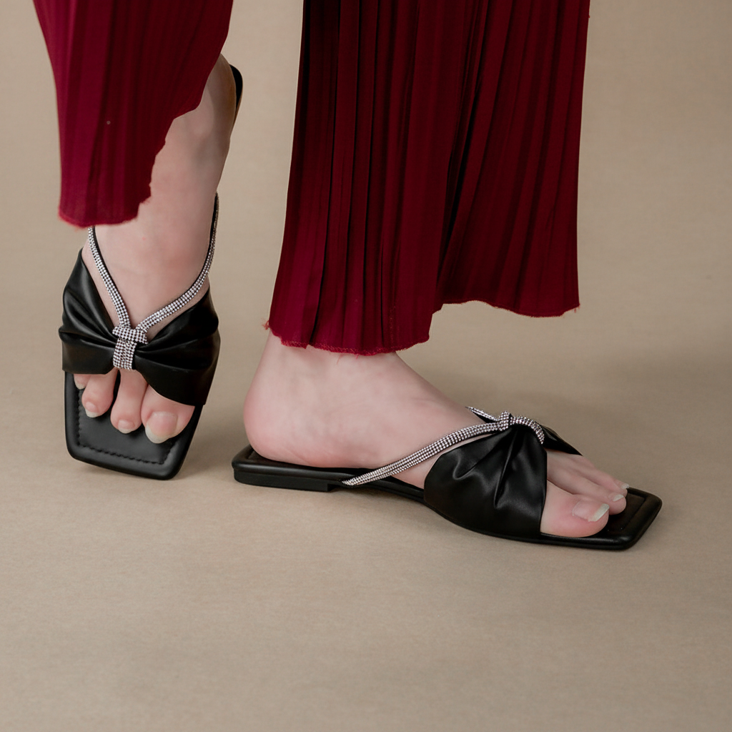 Black Outsole Black Bow Sandals Side View