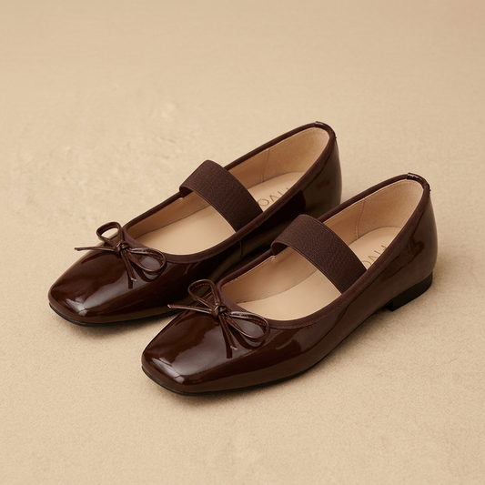 Chocolate Brown Bow Ballet pair on beige background