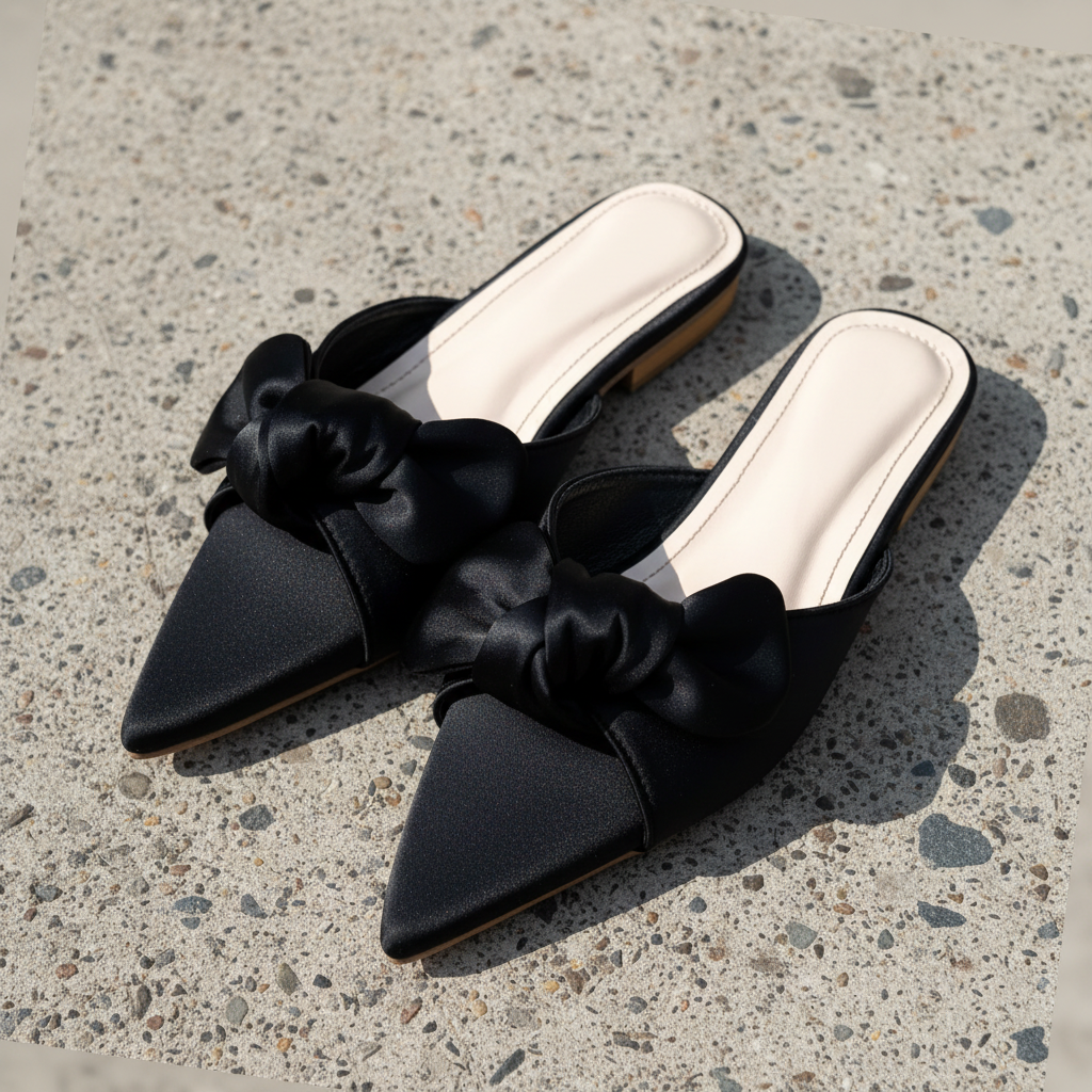 Closeup Black Bow Mule