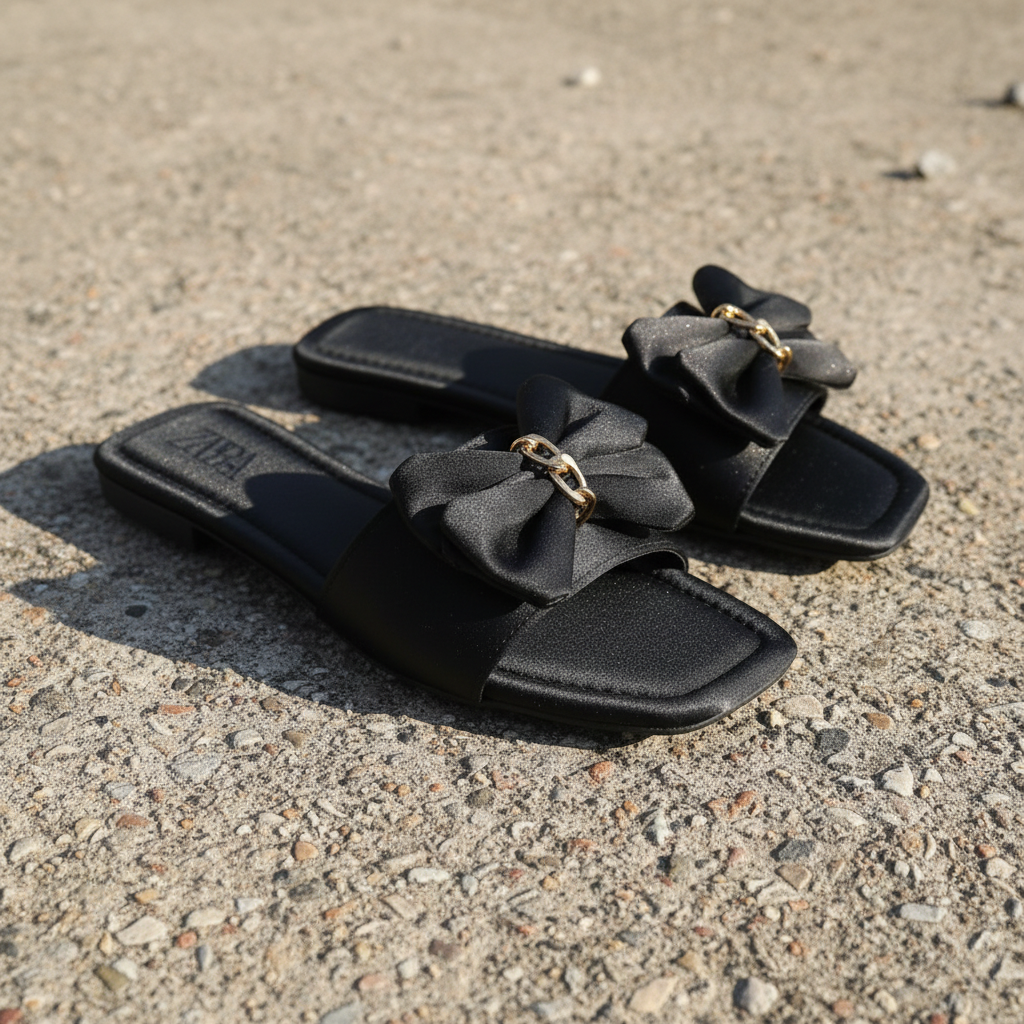 Closeup Black Bow Slipper