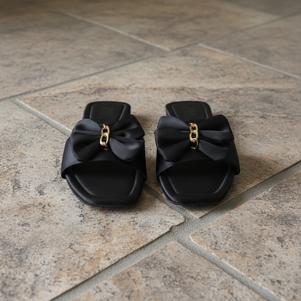 Front Angle Black Bow Slipper