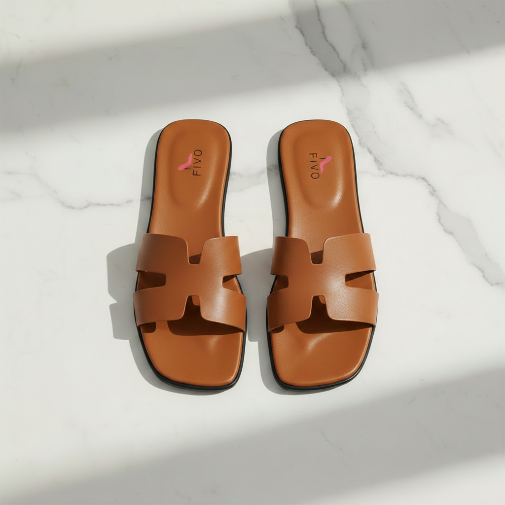 Fully Brown H-Strap Sandals — Black Sole