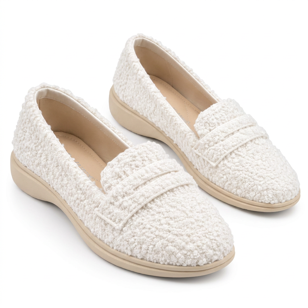 Cream textured penny loafer pair with beige soles