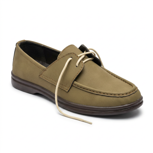 Single camel boat shoe with cream laces in a studio view