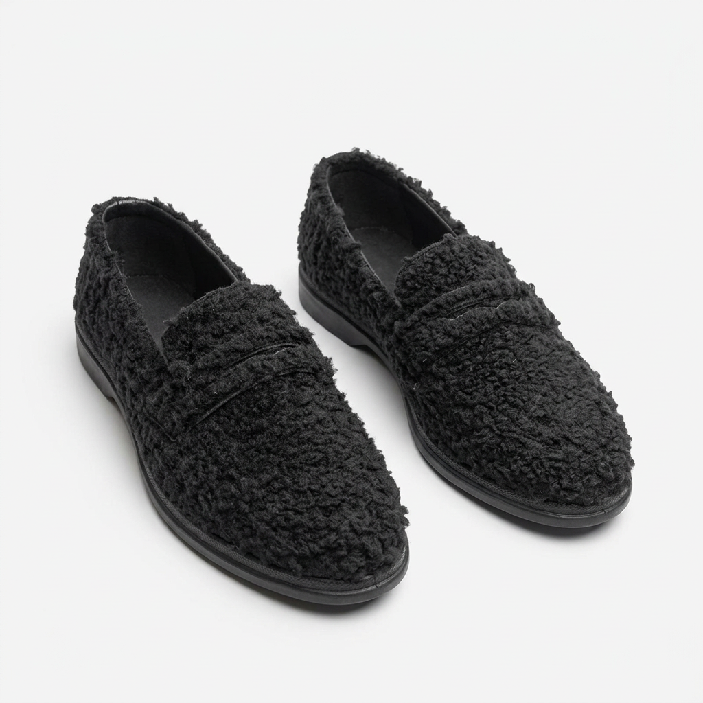 Black textured penny loafer pair with dark soles