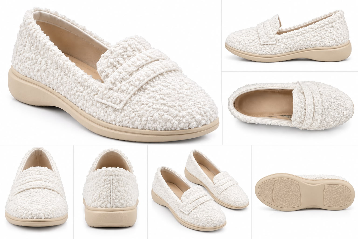 Cream textured loafers with beige soles shown from multiple angles
