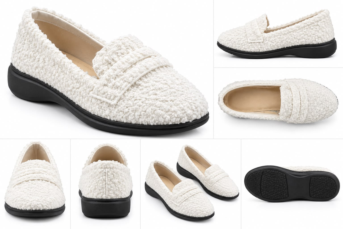 Cream textured loafers with black soles shown from multiple angles