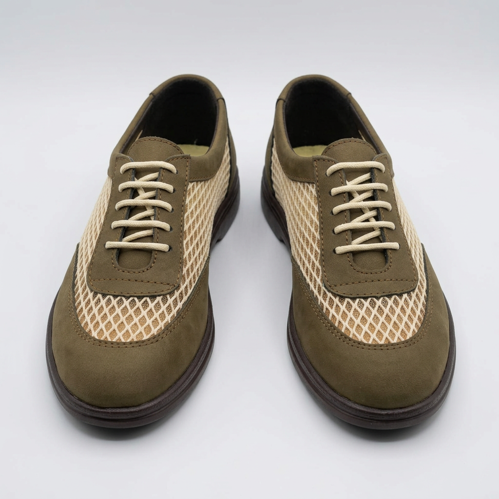 Studio detail view of cream lattice panels and olive shoe trim