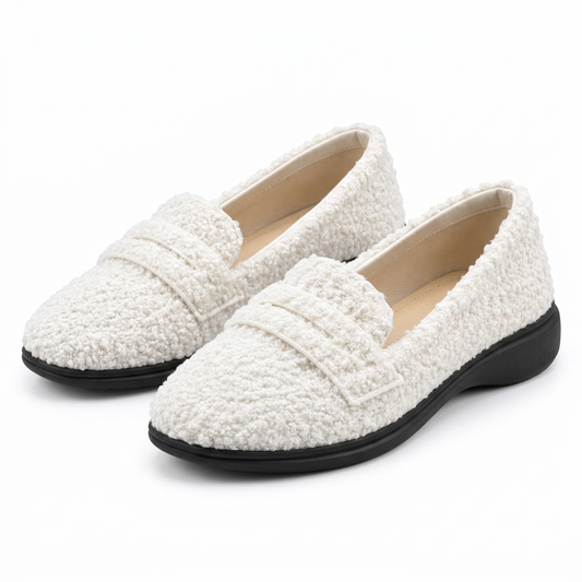 Cream textured penny loafer pair with black soles