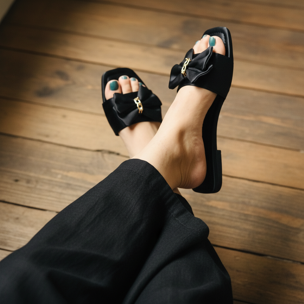 Model Lifestyle Black Bow Slipper