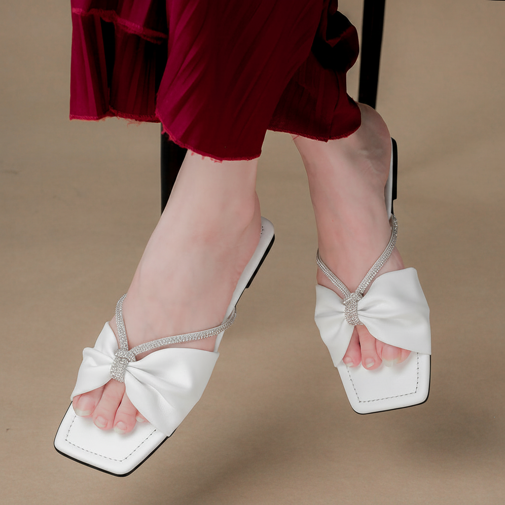 White Bow Sandal Black Outsole Top View
